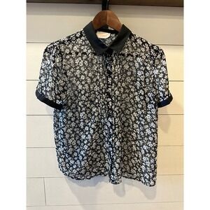 Moon Sheer Floral Button Up Blouse Black White Daisy Pintuck Short Sleeve Small